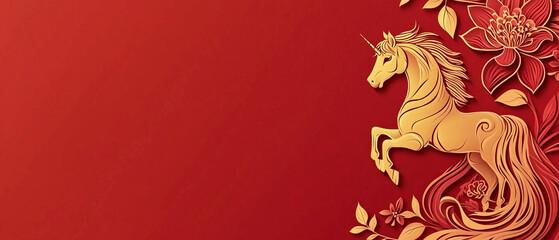 Fototapeta premium Elegant Golden Unicorn Red Floral Background Chinese New Year Design, Transparent Background, Ai Generative Images