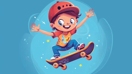 Happy Kid Skateboarding - Smiling Cartoon Child Skateboarder Outdoors