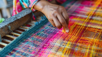 Fototapeta premium Artisan Hand Weaving Colorful Fabric on a Loom