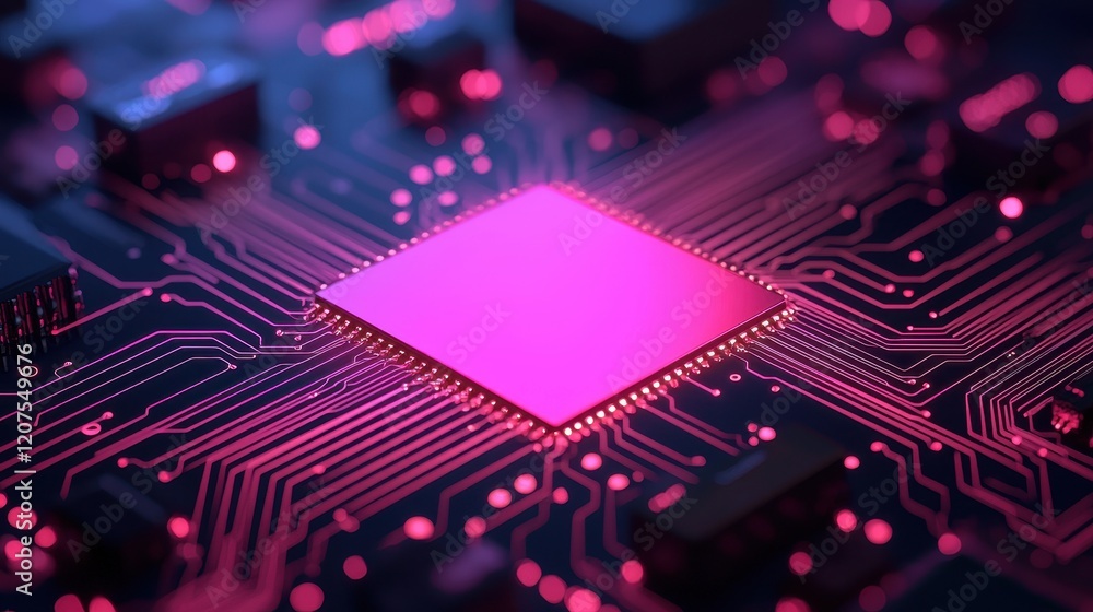 Aufkleber close-up view of bright pink computer chip on circuit board background