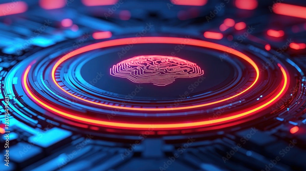 Poster digital brain concept with circuit elements and neon highlights
