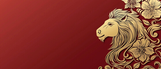 Elegant Gold Lion Floral Design Red Background Luxury Festive, Transparent Background, Ai Generative Images