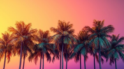 Swaying palm trees against a vibrant sunset sky