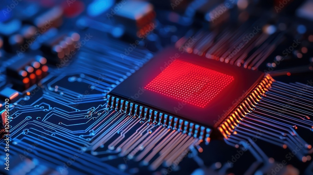 Aufkleber close-up of a computer chip with red accent on a circuit board