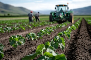 A tractor operates in vibrant green fields, symbolizing modern agriculture's efficiency while highlighting the beauty of rural landscapes and farming practices.