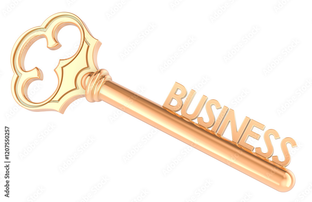 Poster business concept with golden key, 3d rendering isolated on transparent background