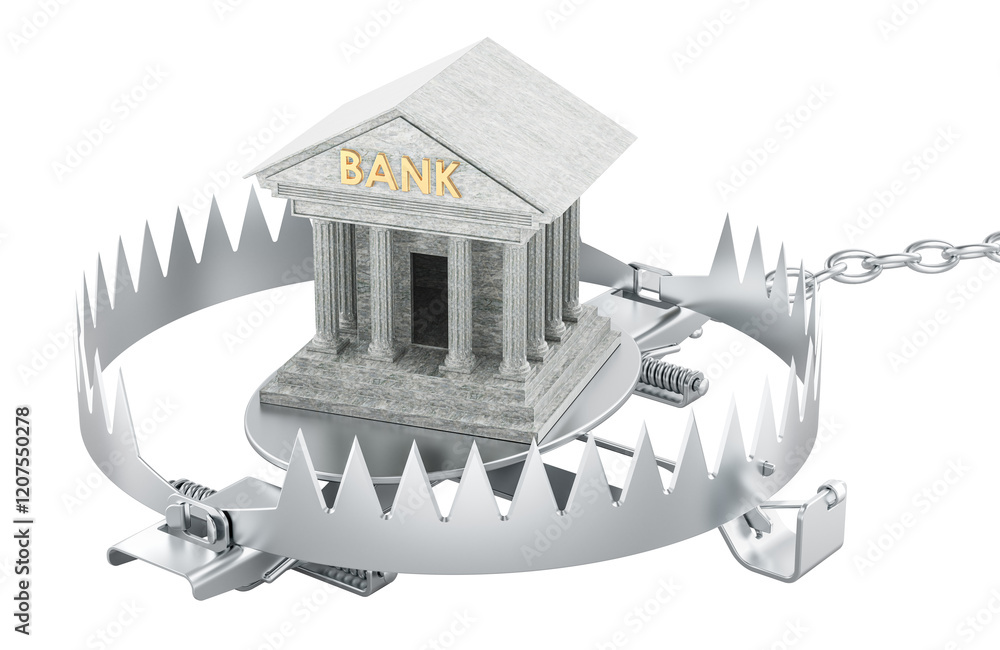 Poster financial trap from bank, concept. bear trap with bank building inside, 3d rendering isolated on tra