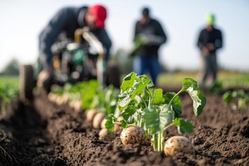 Dedicated workers are meticulously picking potatoes from the earth, demonstrating teamwork and care in the agricultural process essential to food harvesting.