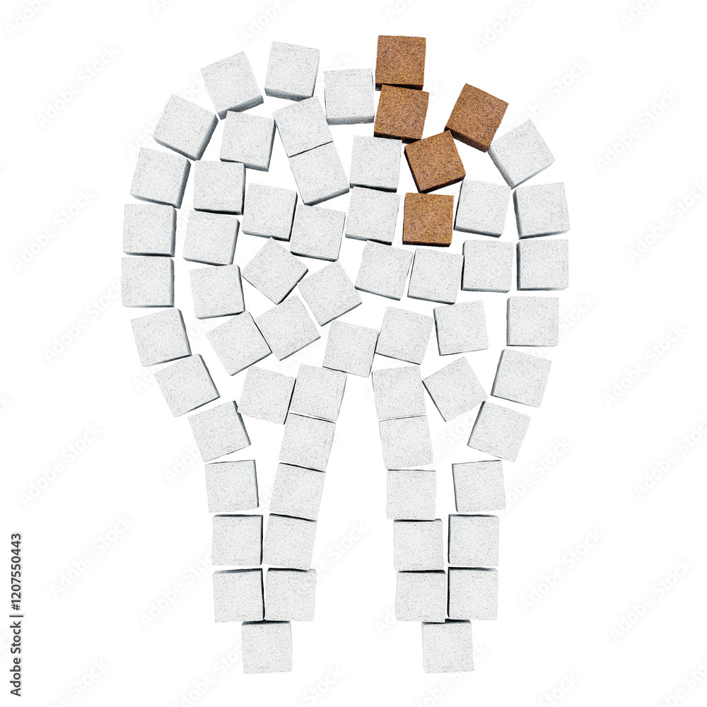 Poster tooth with caries from sugar cubes. sugar destroys the tooth enamel and leads to tooth decay. 3d ren