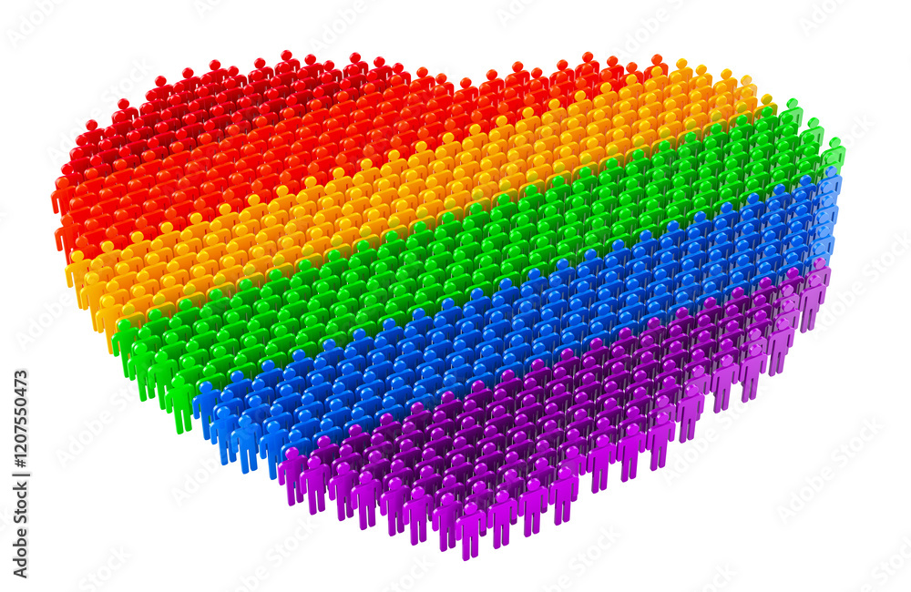 Poster stick figures in heart shape with lgbt rainbow flag. 3d rendering isolated on transparent background