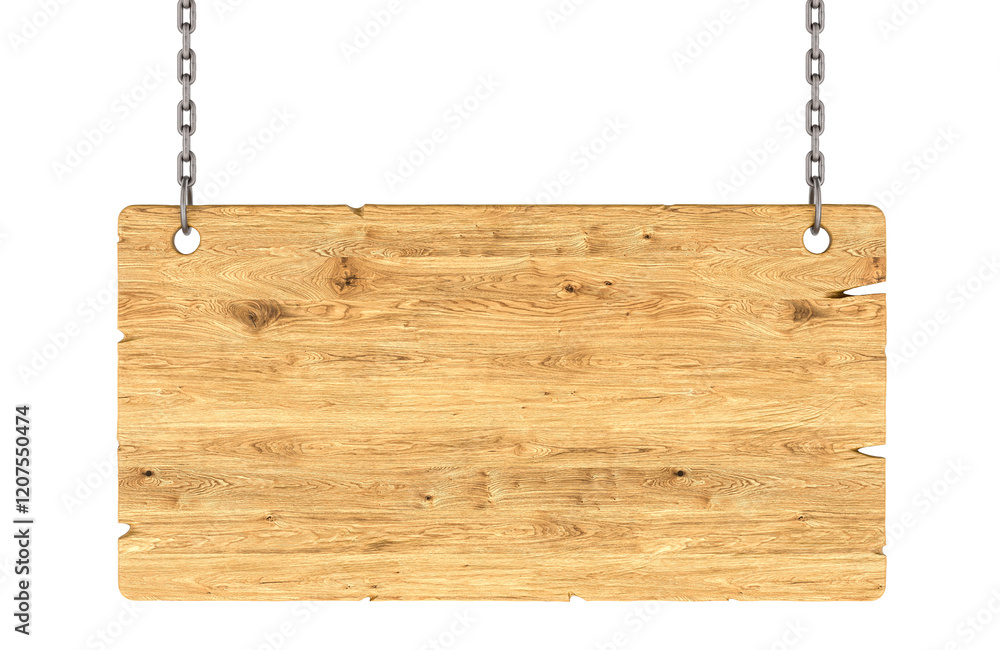 Poster wooden hanging sign with chain, front view. 3d rendering isolated on transparent background