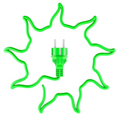 Sun from green power cable and plug. Green and clean energy, concept. 3D rendering isolated on transparent background