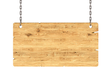 Wooden Hanging Sign with chain, front view. 3D rendering isolated on transparent background
