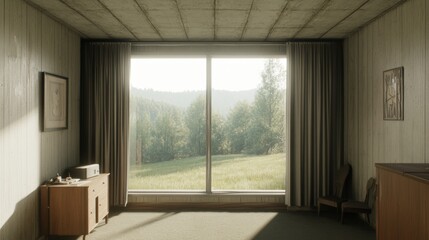 Fototapeta premium Sunlit minimalist room with large window overlooking green landscape.