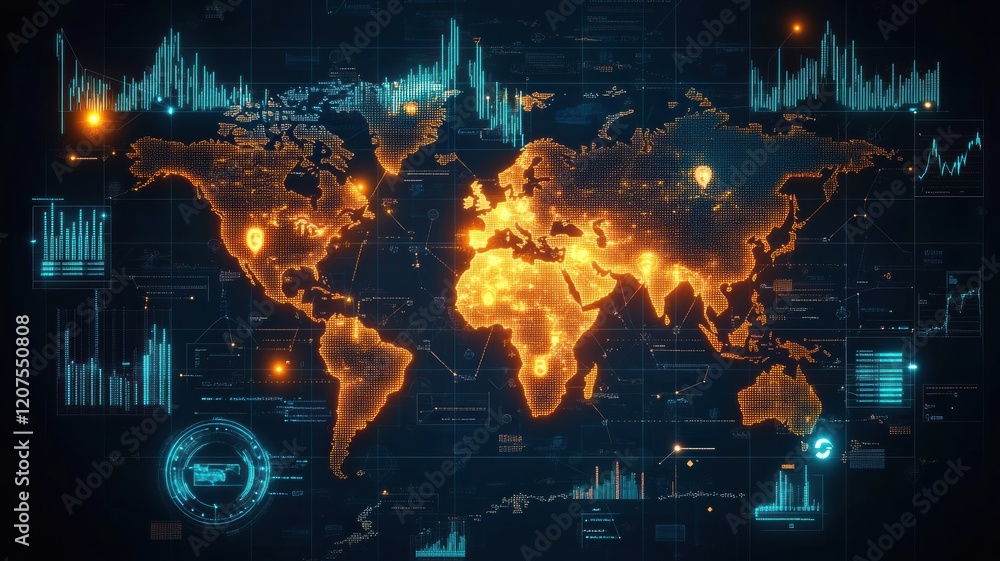 Poster a digital world map illuminated in fiery orange and blue tones, featuring data visualizations and gr
