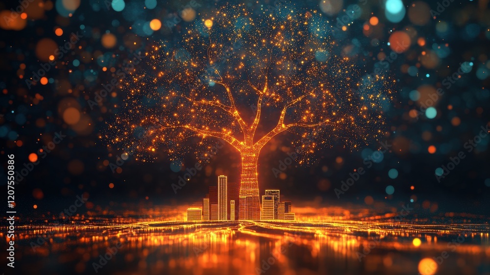Poster a glowing tree integrates with a city skyline, illuminated with vibrant lights, creating a magical, 