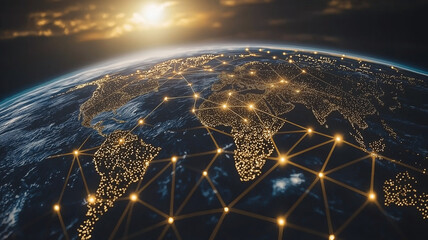 glowing network of connections across globe, showcasing global business strategy and technology. image captures interconnectedness of continents and cities