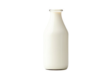 A traditional milk bottle with a rounded body, containing fresh milk, elegantly positioned against a stark white background