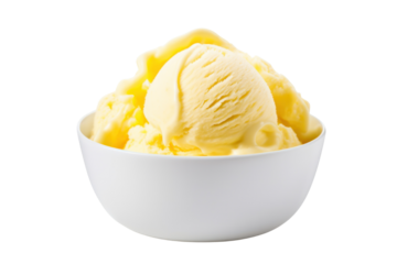 A detailed view of a perfectly round scoop of lemon ice cream, with visible zests, isolated on white background