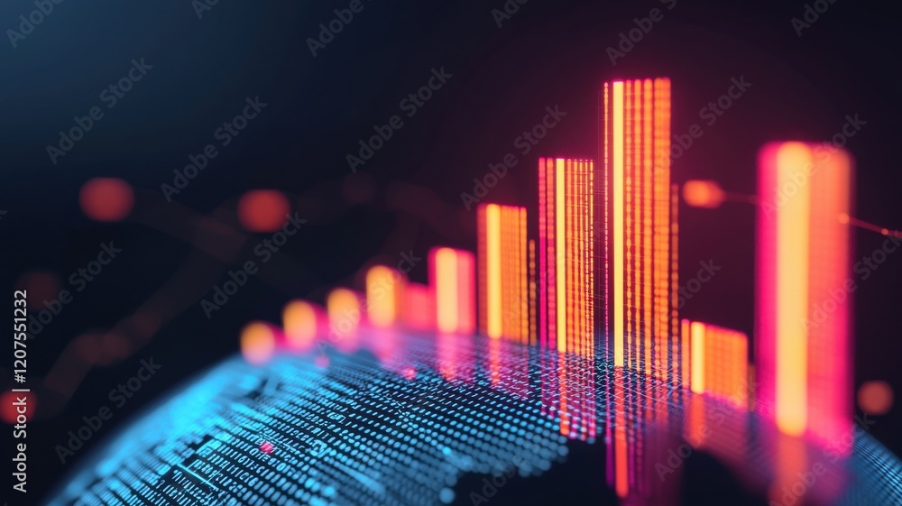 Poster a vibrant digital landscape featuring colorful data bars rising above a globe, representing global d