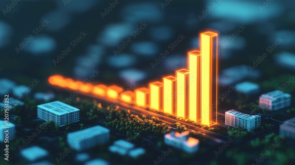 Poster a vibrant bar graph representing growth, set against a blurred urban background, symbolizing progres