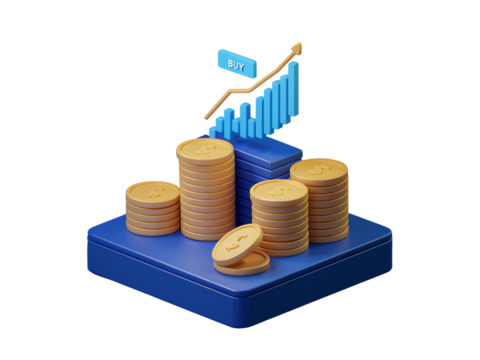 3D Stacked Coins and Bar Chart on Blue Background