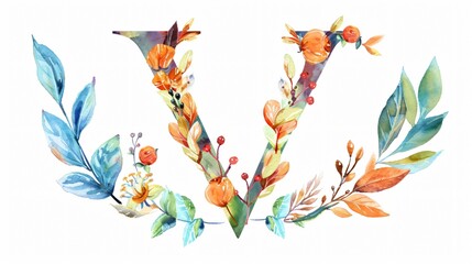 Elegant Letter V with Watercolor Leaves Floral Alphabet Monogram