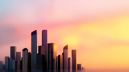 Fototapeta premium Futuristic skyscrapers silhouetted against vibrant sunset sky, showcasing modern architecture and urban design. scene evokes sense of innovation and progress
