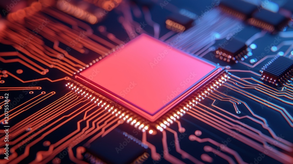 Poster close-up view of abstract circuit board with vibrant colors and lights
