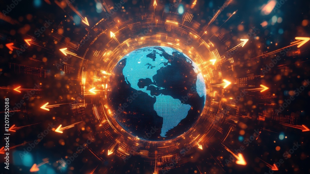 Poster a glowing digital globe surrounded by dynamic arrows, symbolizing connectivity and technological adv