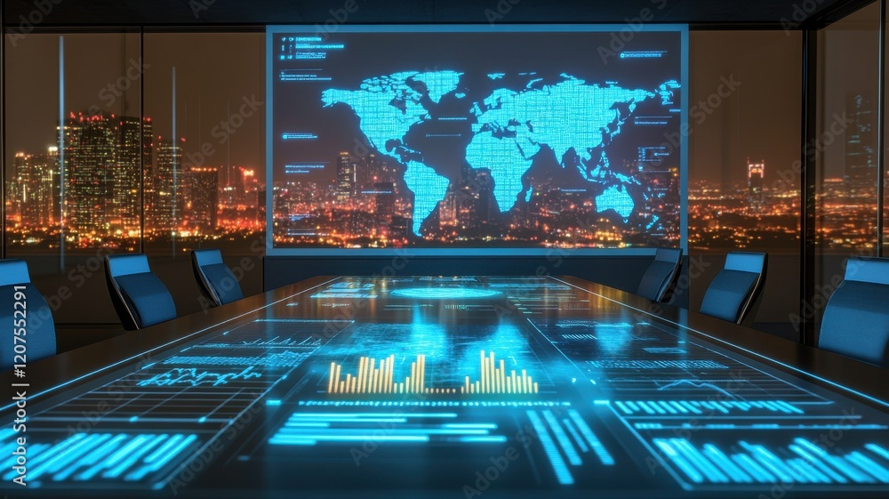 Poster a high-tech conference room features a glowing world map and data analytics displayed on a futuristi