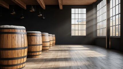 A spacious room featuring wooden barrels, large windows letting in natural light, and a warm, rustic atmosphere.