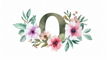 Elegant Monogram Letter O with Watercolor Flowers and Leaf