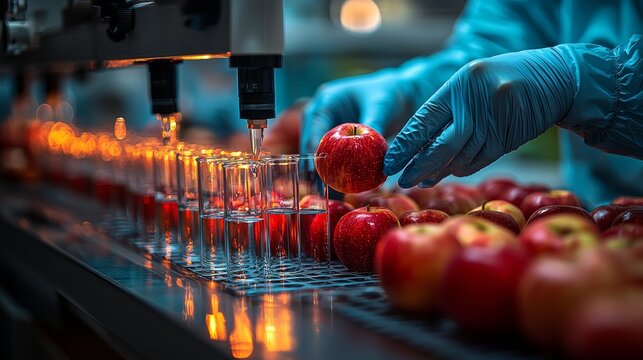 A futuristic female android set against a dark ambiance, embodying an AI concept with a STEM school experiment, using electricity generated from apples as a teaching tool