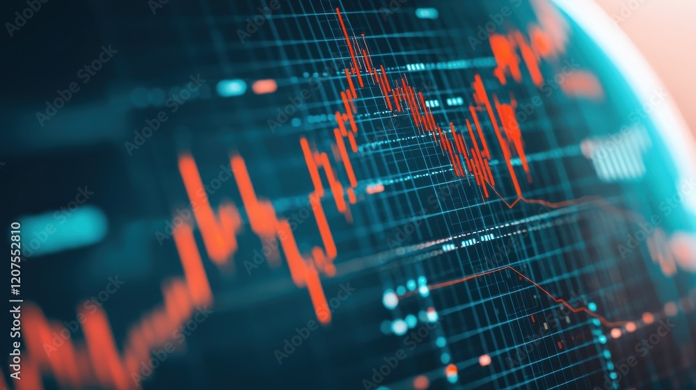 Poster a close-up of a digital stock market chart displaying fluctuating data trends, highlighted in vibran