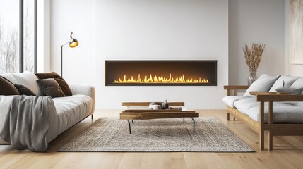Luxurious minimalist living room with a sleek linear fireplace, neutral furniture, an area rug, and tasteful decor, all highlighted by natural light.