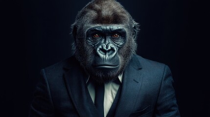 Gorilla wearing a suit and tie posing in a studio environment for creative conceptual photography
