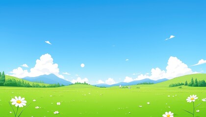 Fototapeta premium Serene Summer Meadow Landscape Under Blue Sky