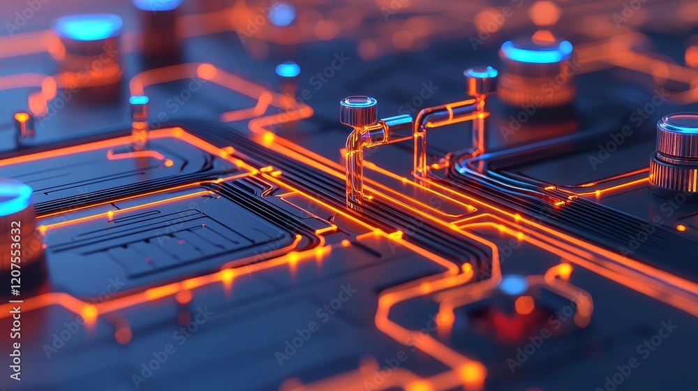 Poster abstract digital circuit board with glowing orange lines and nodes
