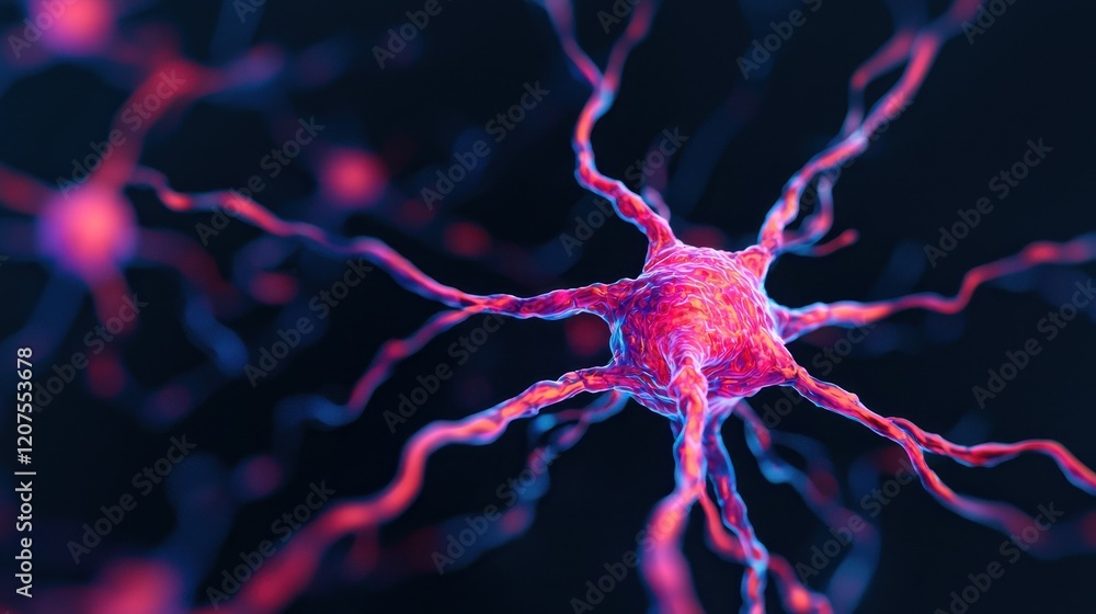 Poster colorful neurons network with synapses on dark background