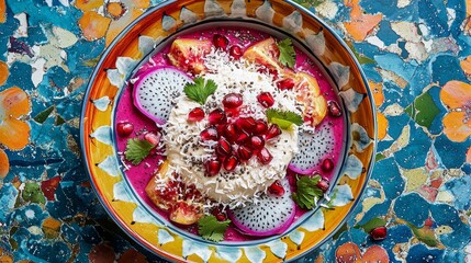 Colorful smoothie bowl flat lay on ceramic plate with fruits