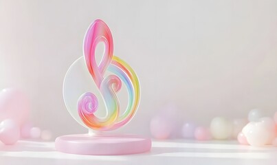 Rainbow treble clef decor, pastel balloons background, studio shot, birthday party