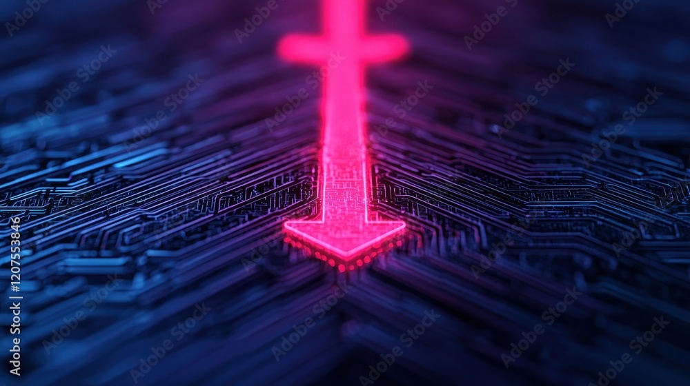 Poster neon arrow on circuit board background with futuristic design