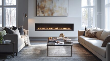 Minimalist living room with a sleek linear fireplace, neutral-colored furniture, an elegant rug, and soft natural light, creating a calm and inviting atmosphere.