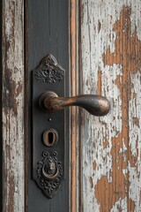 Obraz premium Rustic antique iron door handle with ornate base plate and curved grip, mounted on a weathered wooden door with visible grain and peeling paint for a timeless aesthetic.
