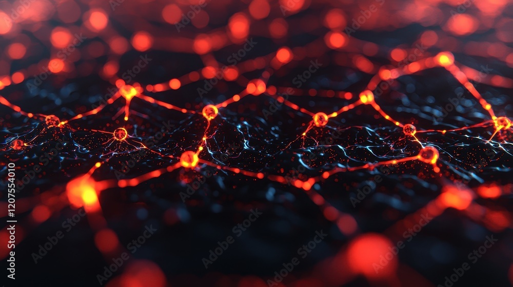 Aufkleber abstract red and black network with glowing nodes on dark surface