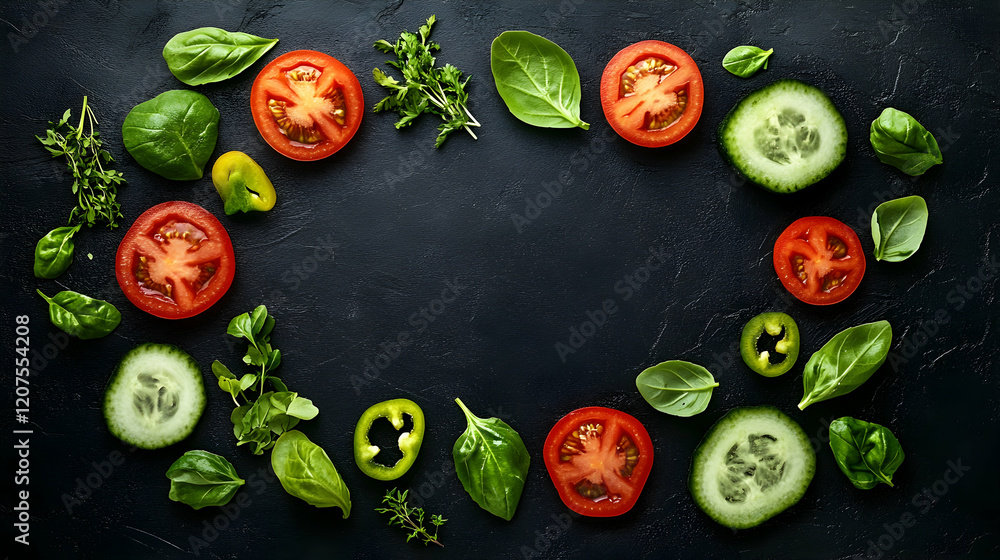 Poster a clean flat lay of vibrant vegetables and herbs arranged in a circular pattern on a dark textured b