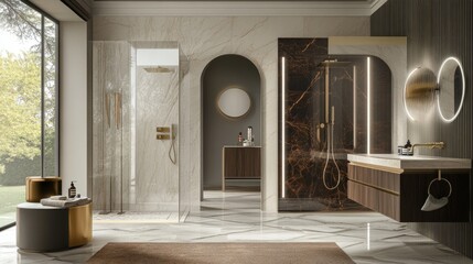 Modern bathroom interior with a glass shower and an elegant vanity, creating a chic and luxurious space.