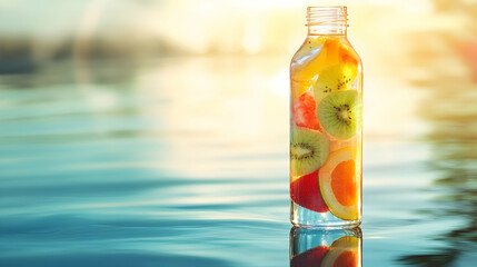 Obraz premium A clean glass water bottle with vibrant fruit infusions placed on a reflective surface under bright sunlight
