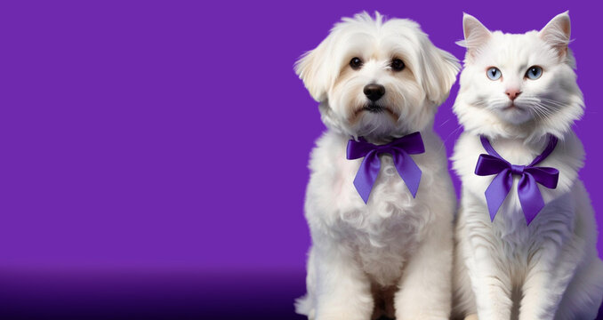 white dog and cat sitting on ground floor with glossy floor backgrounds is purple